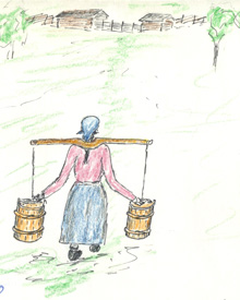 Färglagd teckning av kvinna som bär träkar. Länkar till artikel om kvinnor som bärare av matkultur.