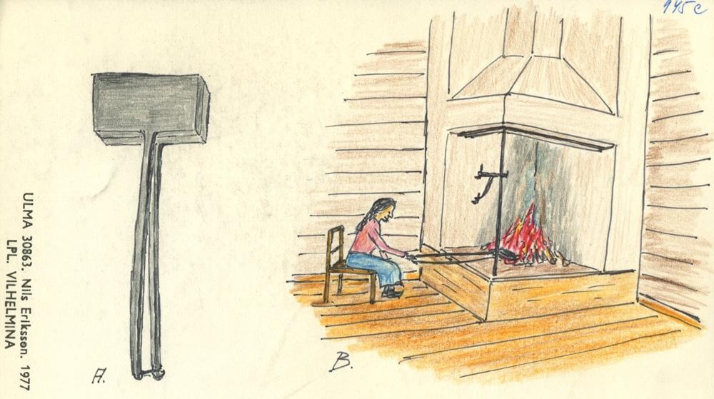 teckning i färg föreställande en kvinna som sitter på en stol framför en gammaldags vedspis och håller ett våffeljärn över elden.