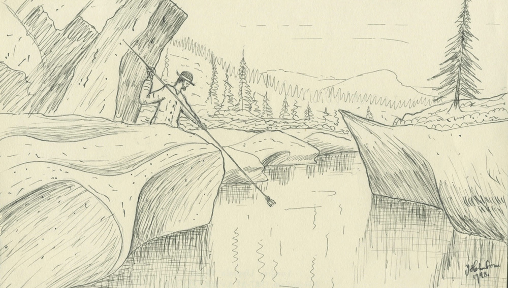 Teckning föreställande man som står vid en älv och höjer ett ljuster mot vattenytan. 